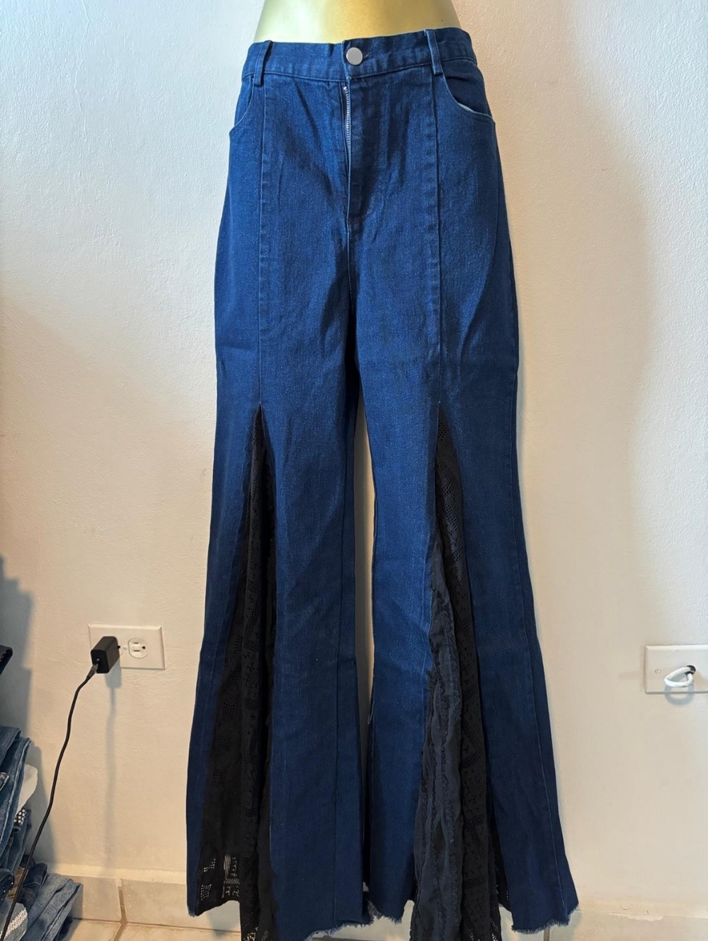 Women's Dark Blue Flare Jeans with Black Lace Insets